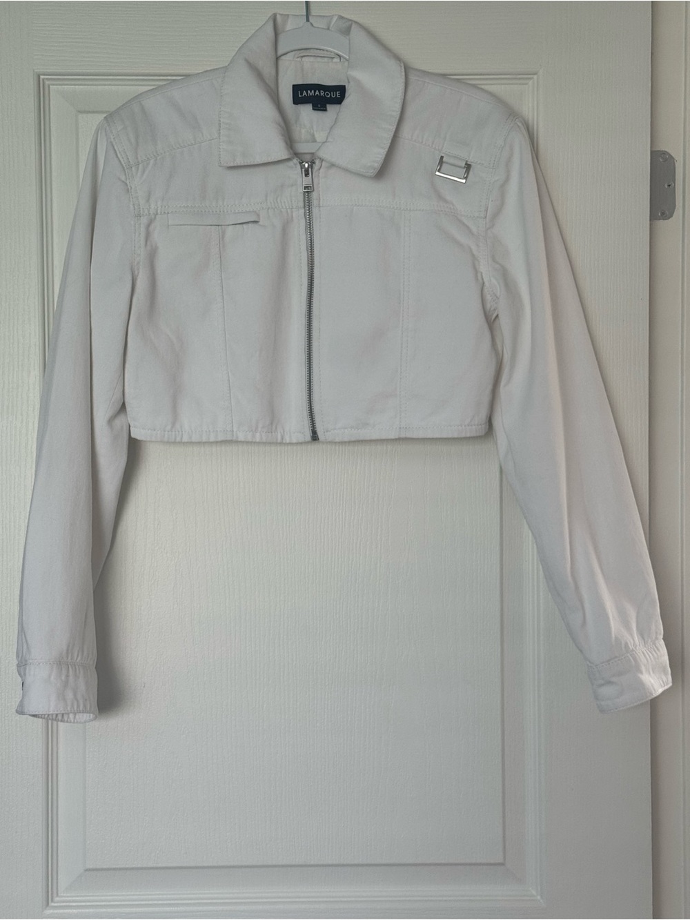 Lamarque White Cropped Zip-Front Denim Jacket small